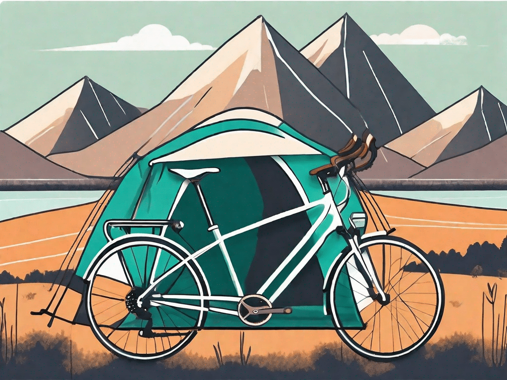 A bicycle with touring gear like panniers and a tent