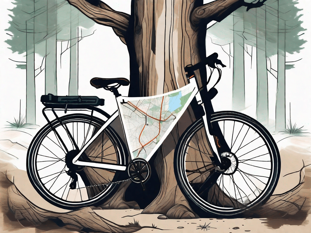 A bicycle leaning against a tree in a forest trail