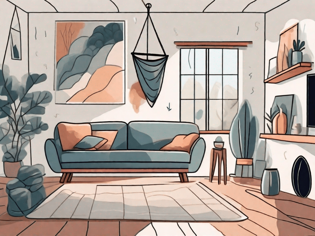 A cozy living room with elements of adventure like a hammock