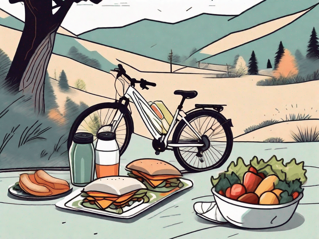 A scenic mountain trail with a bicycle parked next to a picnic blanket