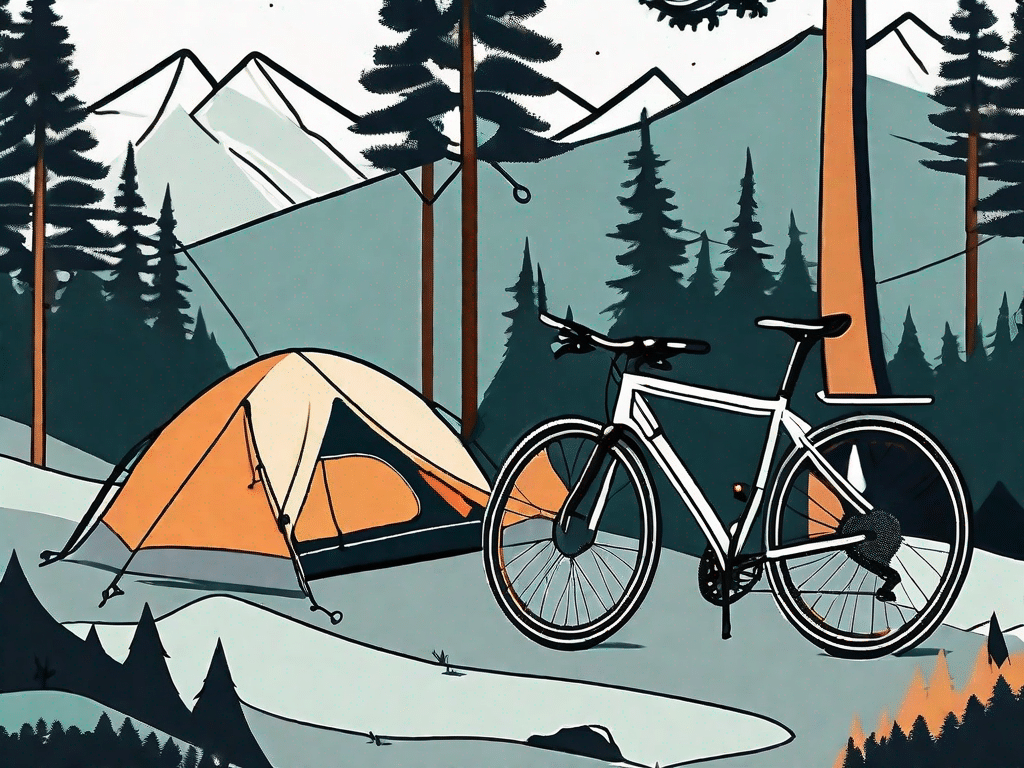 A scenic outdoor setting with a bicycle leaning against a chosen tent