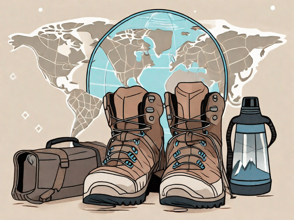 A pair of well-worn hiking boots next to a globe