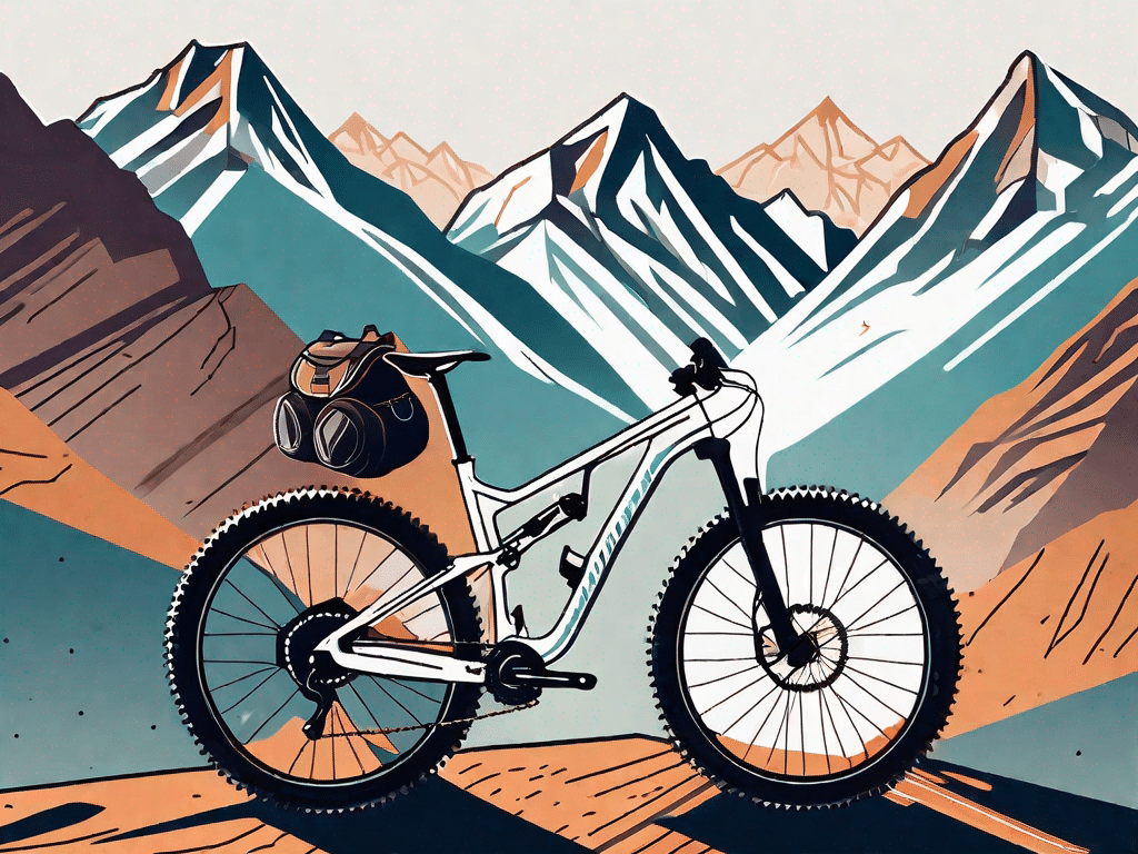 A mountain bike propped against a backdrop of the annapurna mountain range
