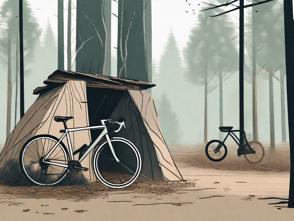 A bicycle propped against a tree in a forest setting