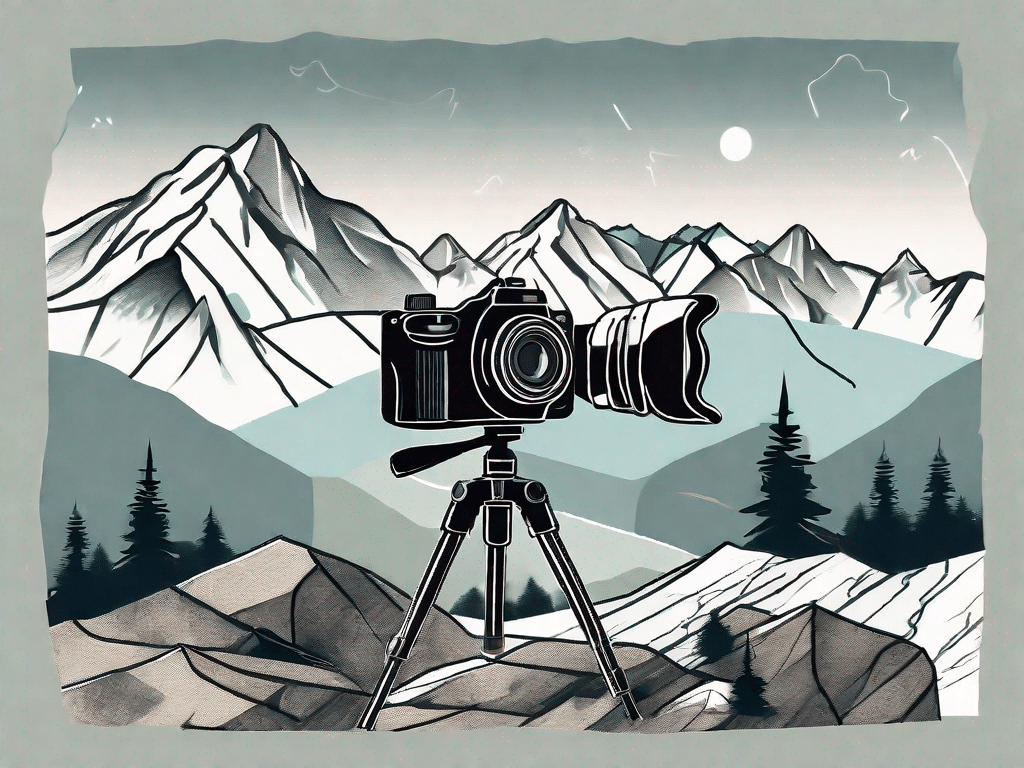 A camera on a tripod set against a backdrop of a mountainous landscape