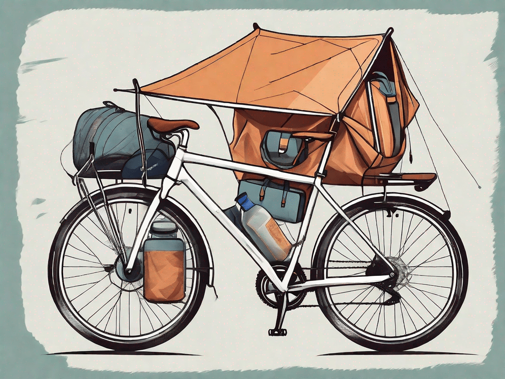 A bicycle with various travel essentials like a compact tent