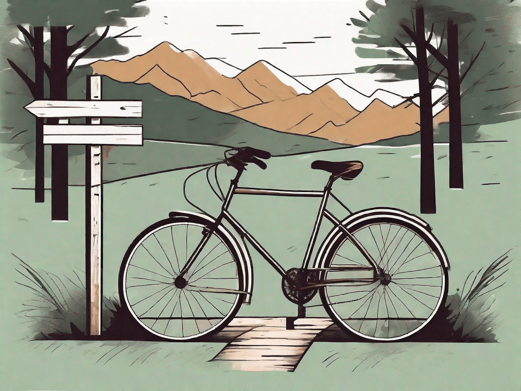 A bicycle leaning against a rustic signpost at a crossroads