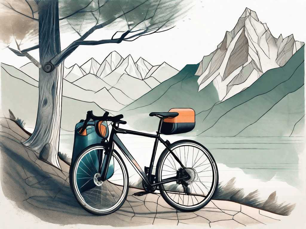 A bicycle leaning against a tree on a scenic mountain trail