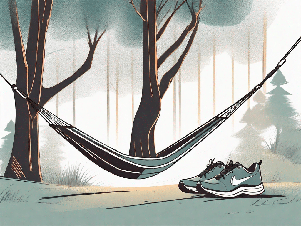 A tranquil setting such as a hammock between two trees with a book and a pair of running shoes nearby