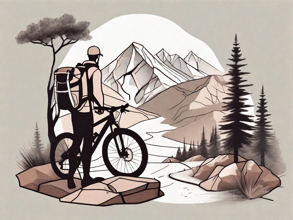 A scenic mountain trail with a bicycle leaning against a tree