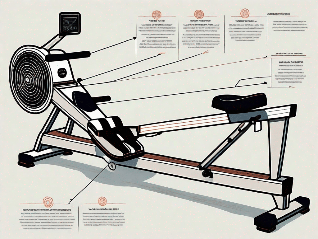 A rowing machine with highlighted areas indicating the targeted muscles
