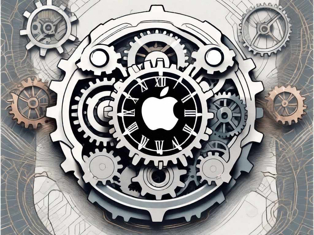 An apple watch intricately connected with various mechanical gears and cogs