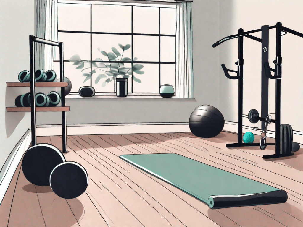 A serene home workout space filled with pilates accessories such as a yoga mat