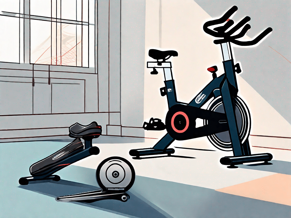 A pair of indoor cycling shoes next to an indoor stationary bike