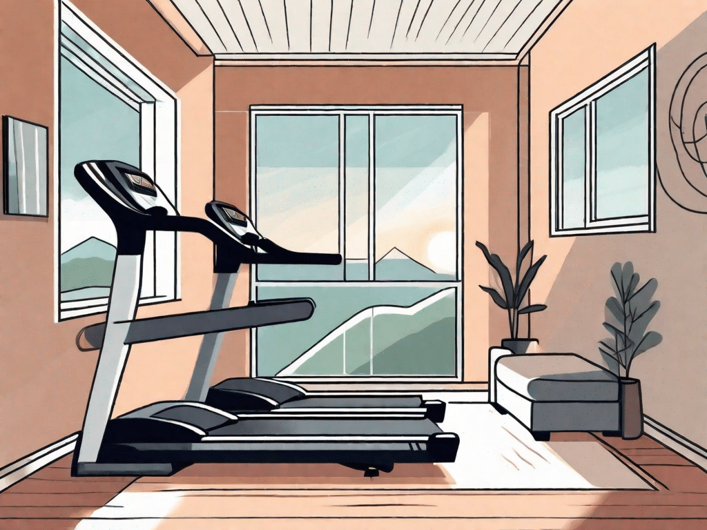 An incline treadmill set against the backdrop of a serene home gym