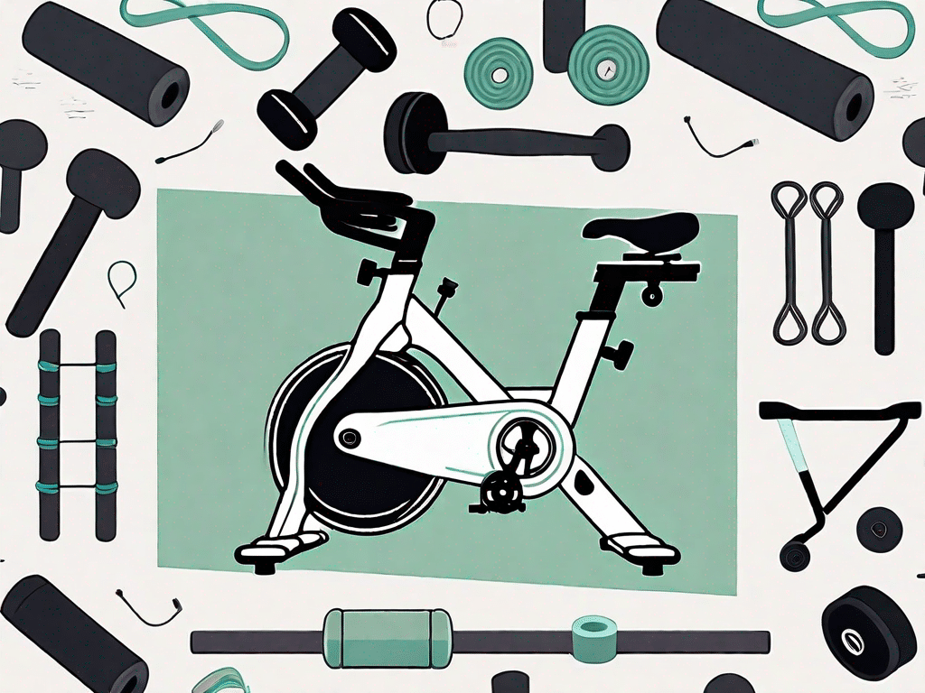 A peloton bike with various workout equipment like dumbbells