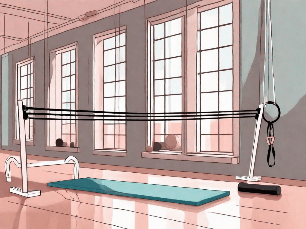 A ballet barre with various workout equipment like resistance bands