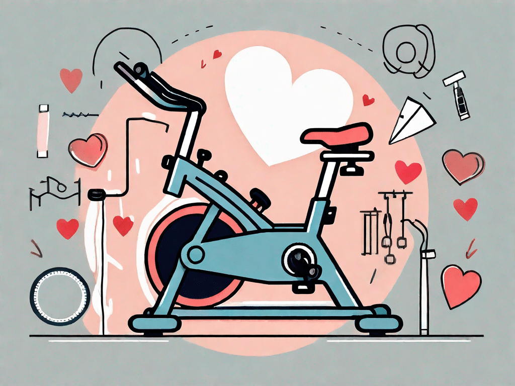 A heart surrounded by fitness equipment like a treadmill