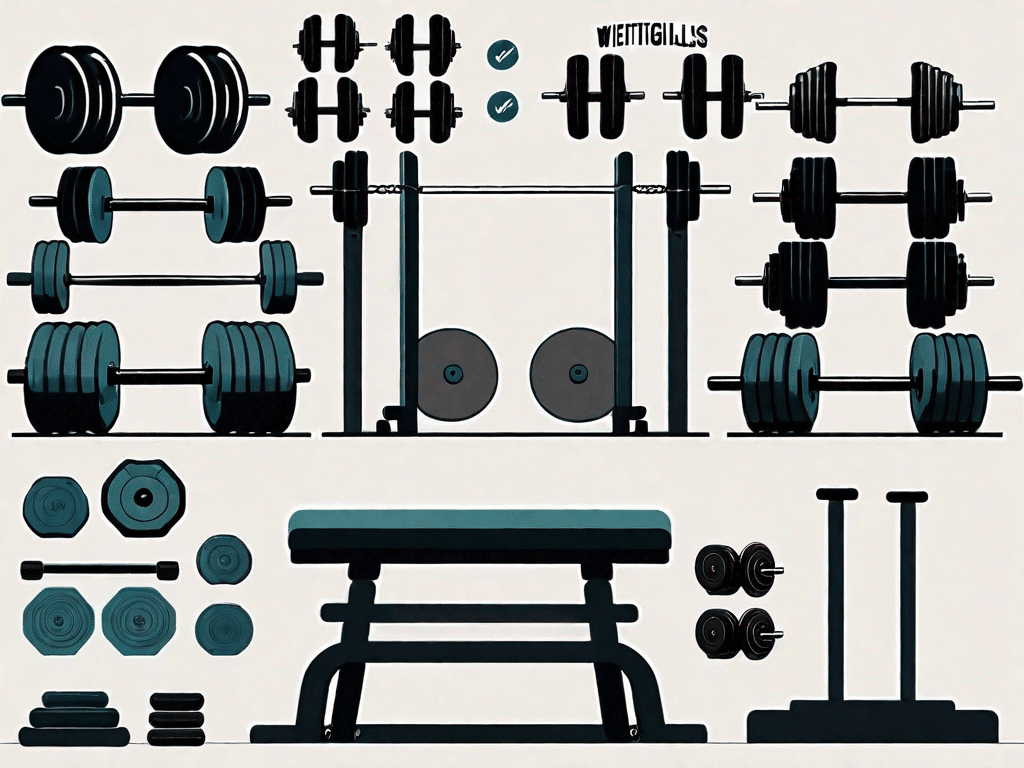 Various types of weightlifting equipment like dumbbells