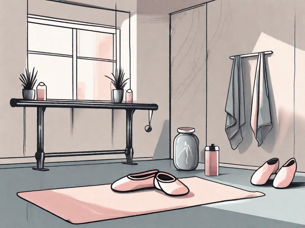 A ballet barre with a pair of ballet slippers and a towel