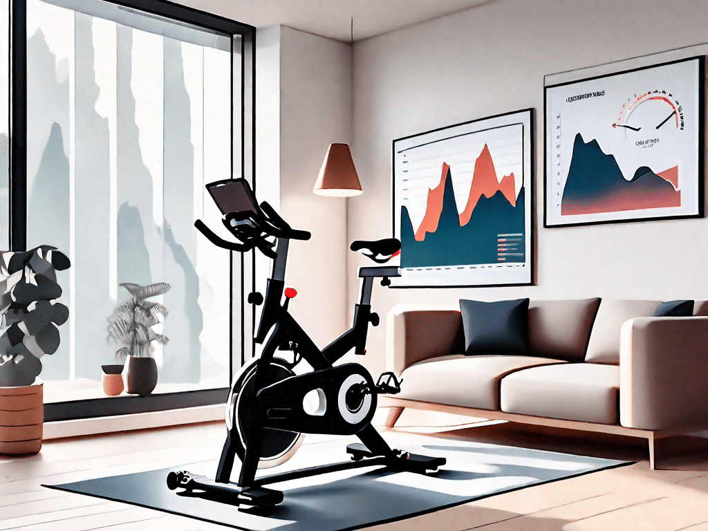 A peloton exercise bike with a digital screen displaying graphs and charts