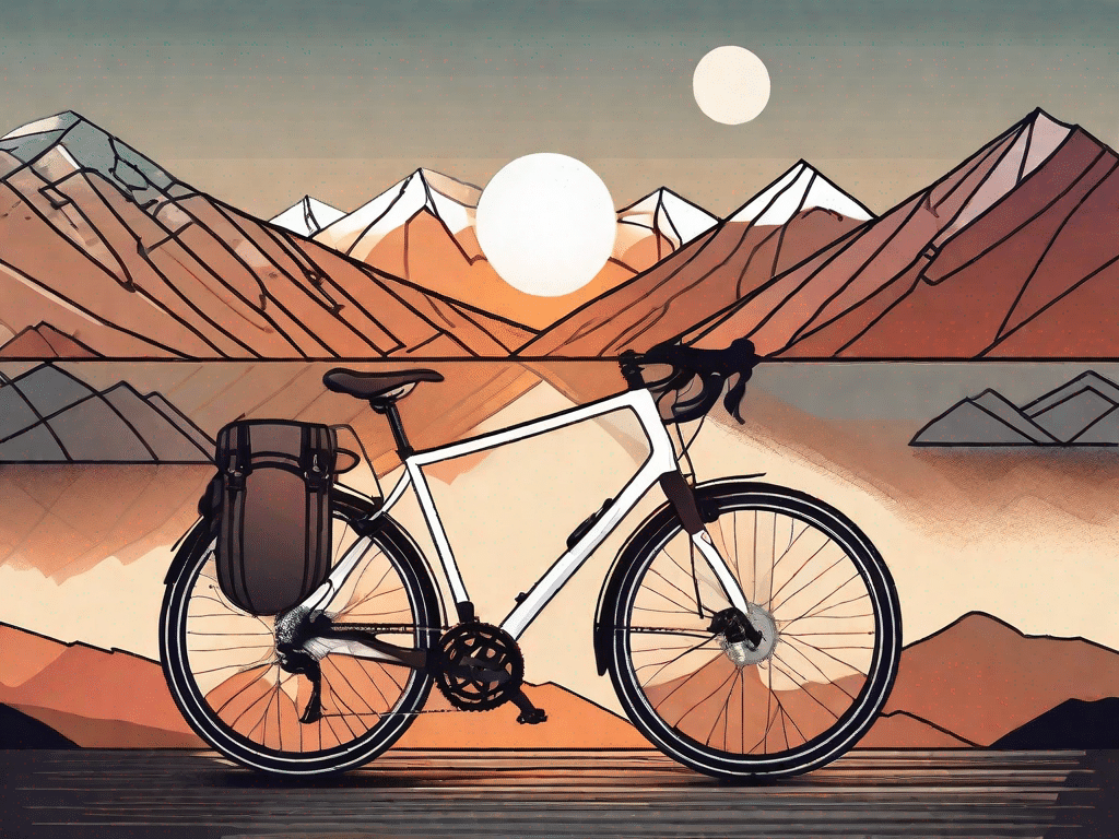 A bicycle with touring gear like panniers and a helmet