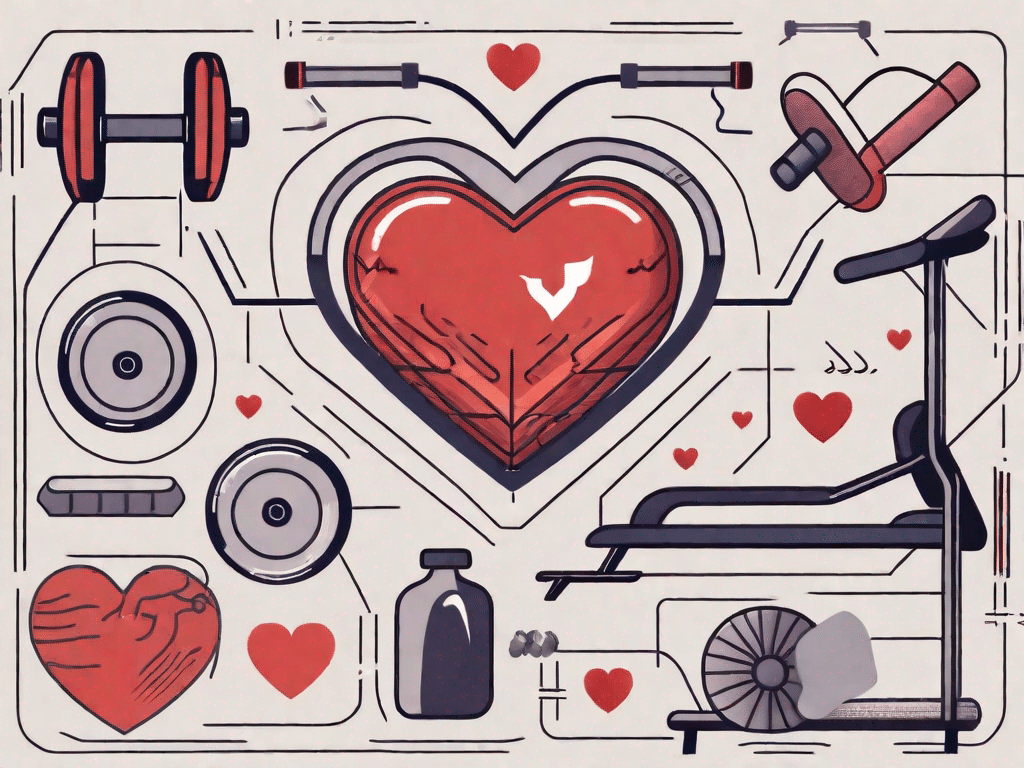 A heart surrounded by different types of exercise equipment like a treadmill