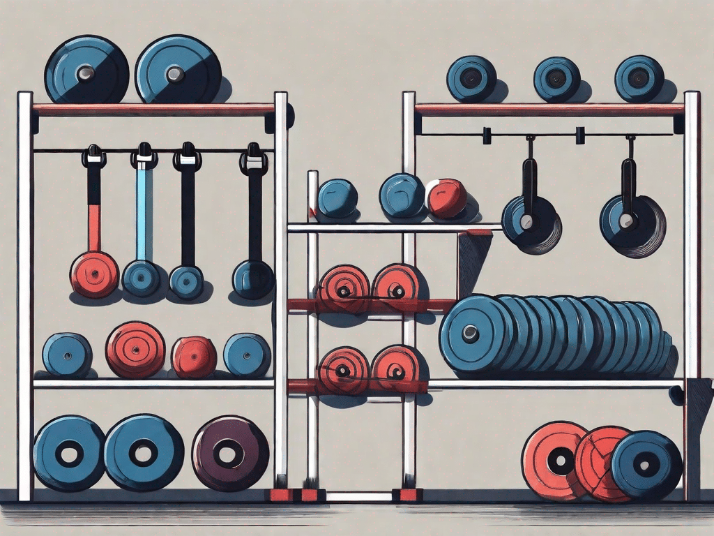 Various gym equipment like dumbbells