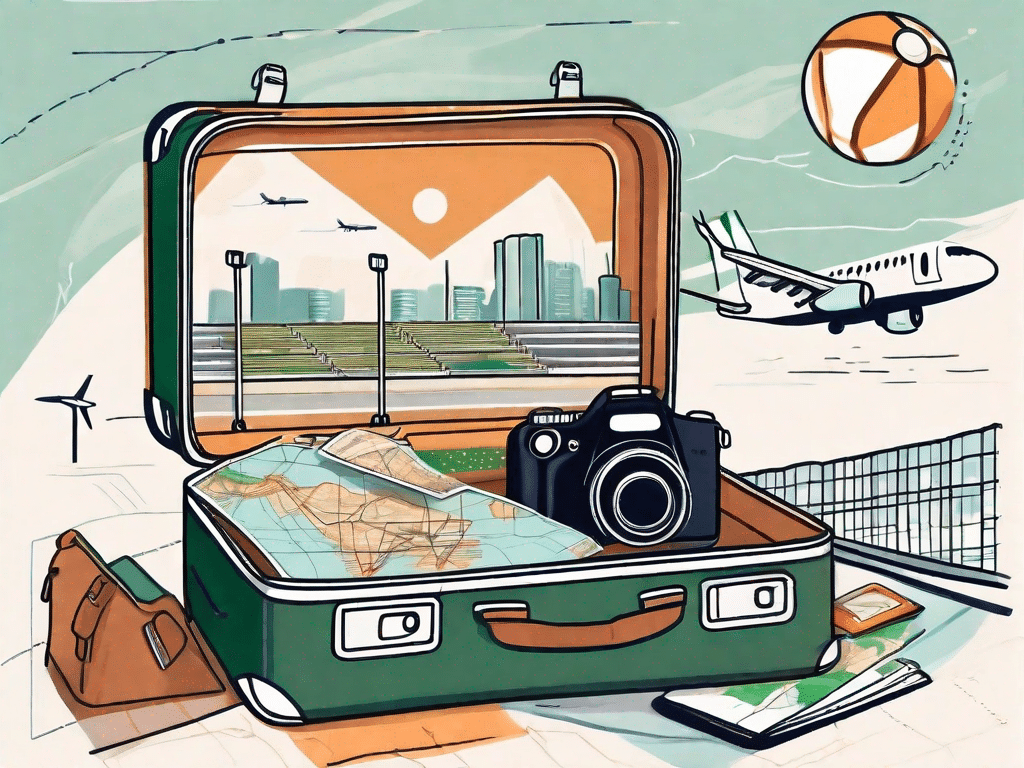 A suitcase open with travel essentials like a map