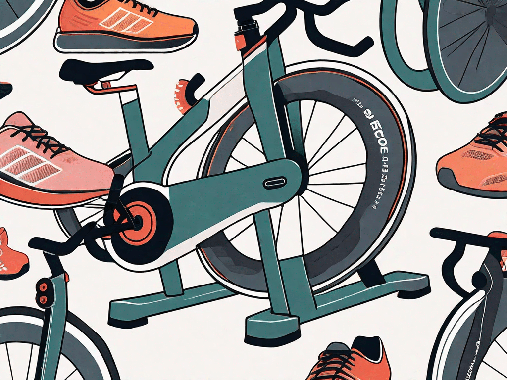 A peloton exercise bike with multiple pairs of different-sized workout shoes