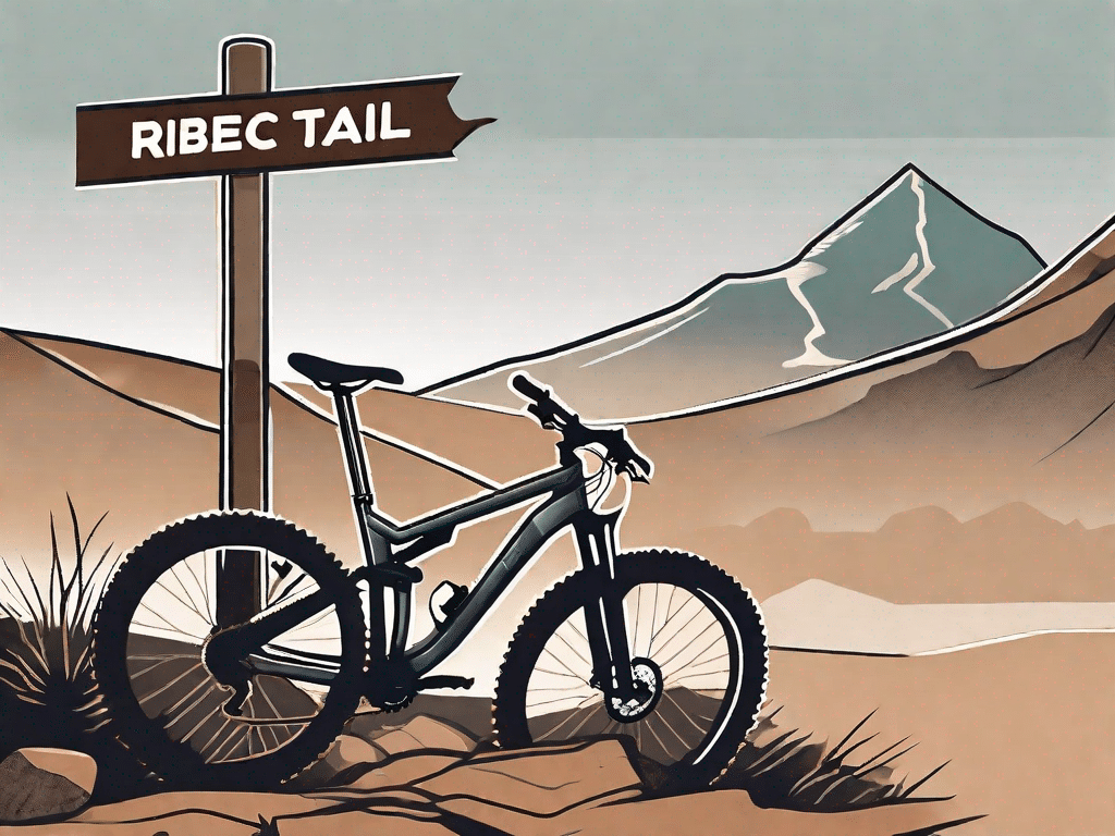 A mountain bike leaning against a rugged trail sign