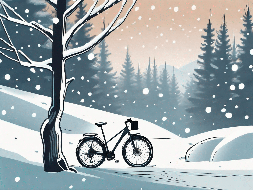 A winter landscape with a bicycle equipped with winter gear such as lights