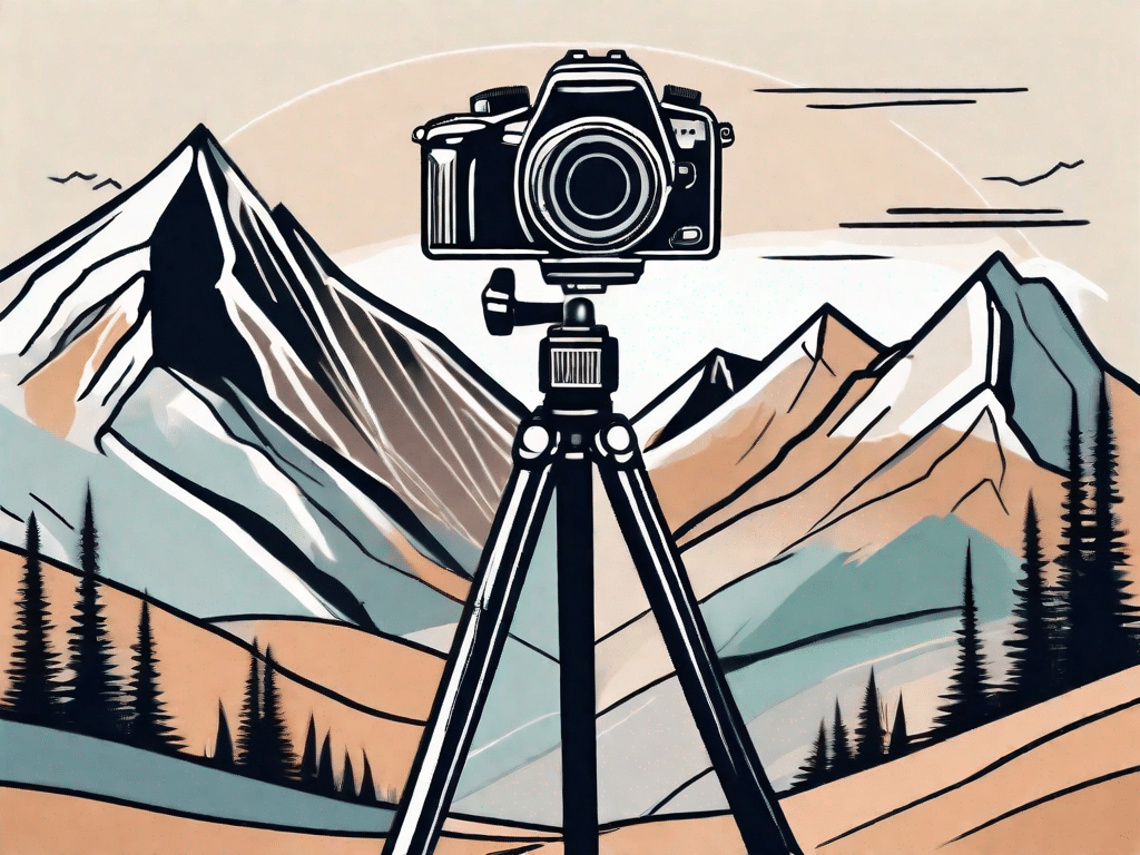 A camera on a tripod set against a majestic mountain landscape