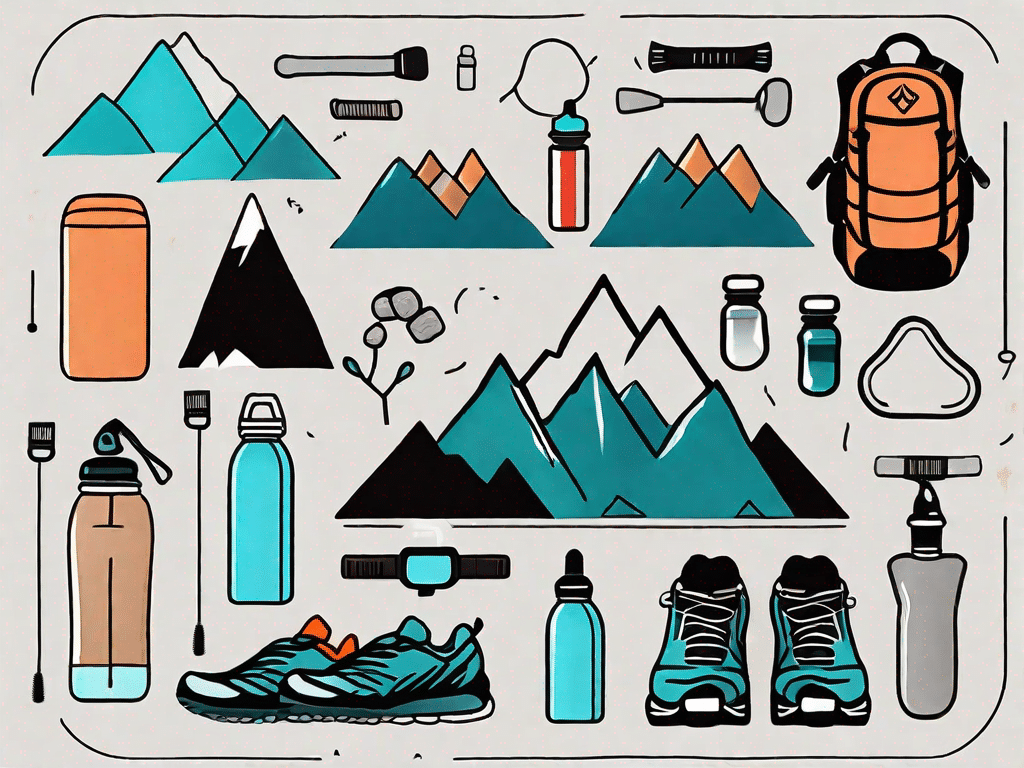 Mountain peaks with various hiking gear like water bottles