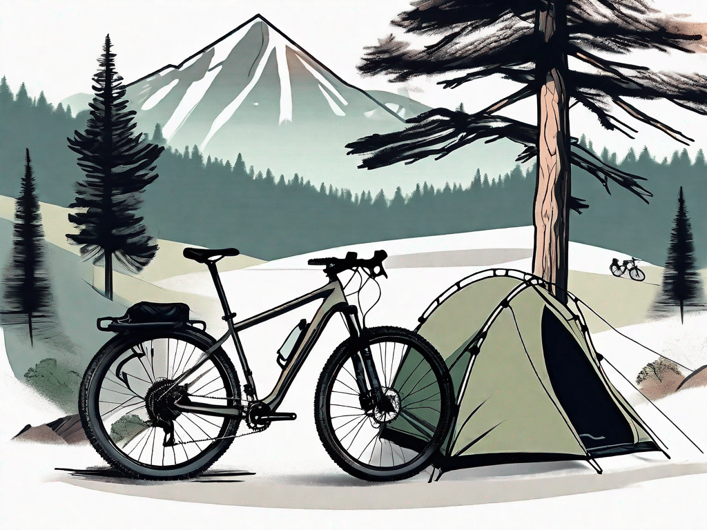 A scenic mountain trail with a fully equipped adventure bicycle leaning against a tree