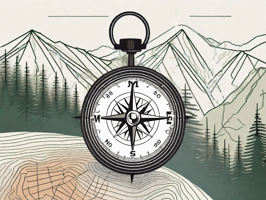A compass resting on a topographic map with a forest and mountain range in the background