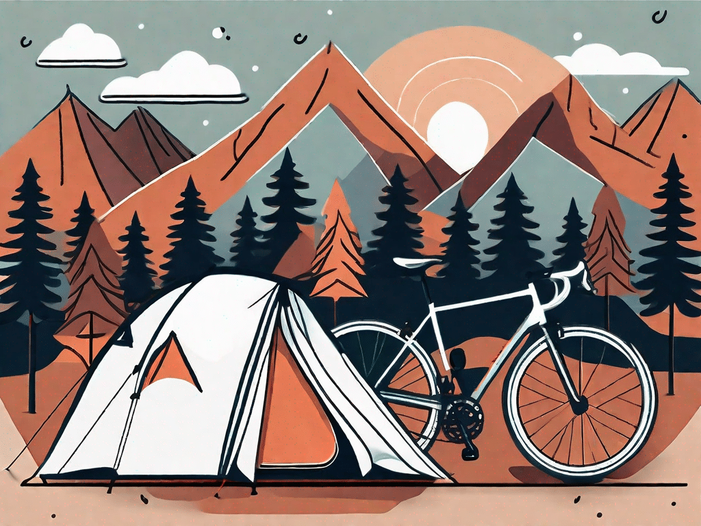 A scenic campground with a creatively designed tent attached to a bicycle
