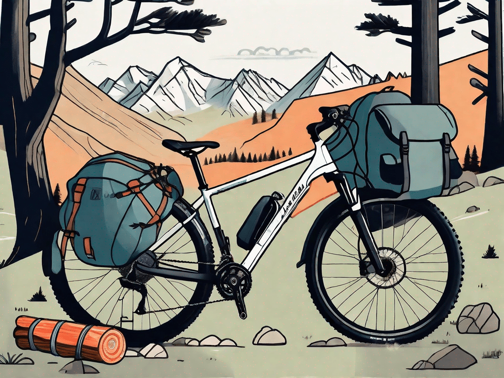A scenic mountain trail with a fully loaded touring bicycle leaning against a tree