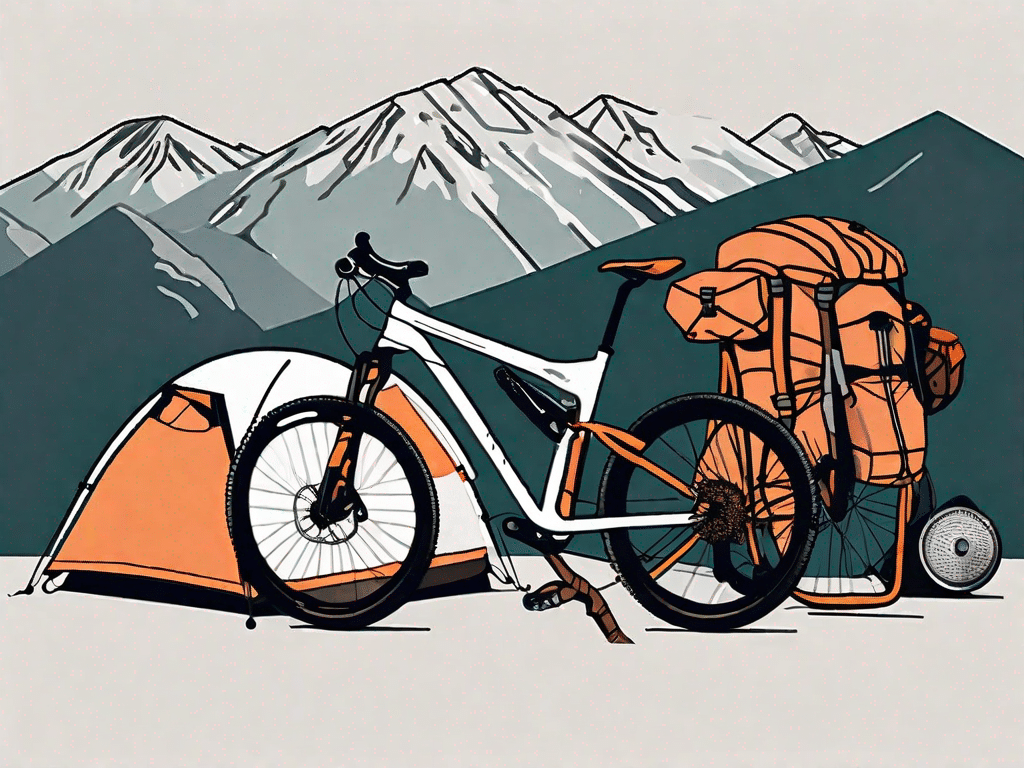 Various bikepacking gear items such as a mountain bike