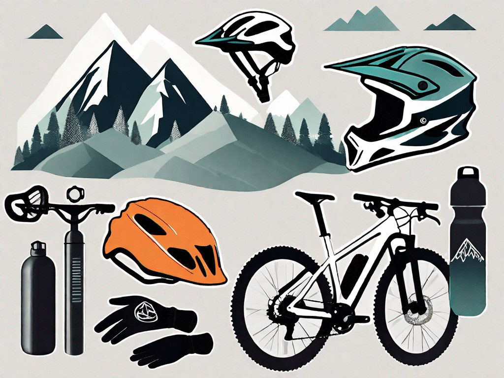 Various mountain biking gear including a helmet