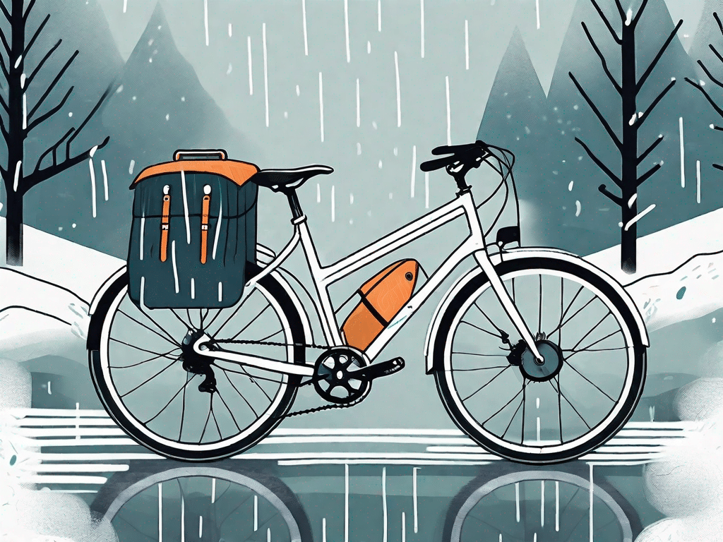 A bicycle equipped with various weather gear like a mudguard