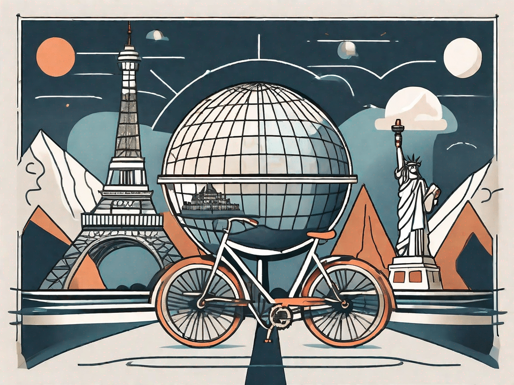 A globe with various iconic landmarks like the eiffel tower