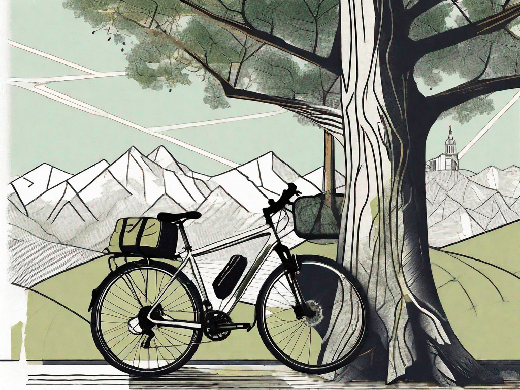 A bicycle leaning against a tree in a scenic outdoor setting